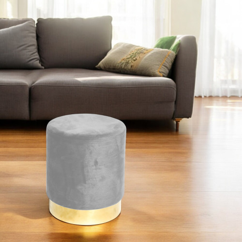 Samt Fußhocker Pouf aus hellgrauem Samt mit goldenem Gestell | Ø32xH40 cm, elegant und widerstandsfähig