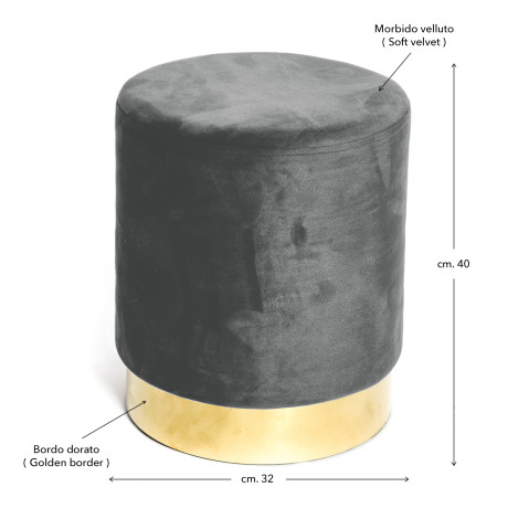 Velvet Footstool Pouf in Dark Grey Velvet with Golden Base | Ø32xH40 cm, Elegant and Resistant 2