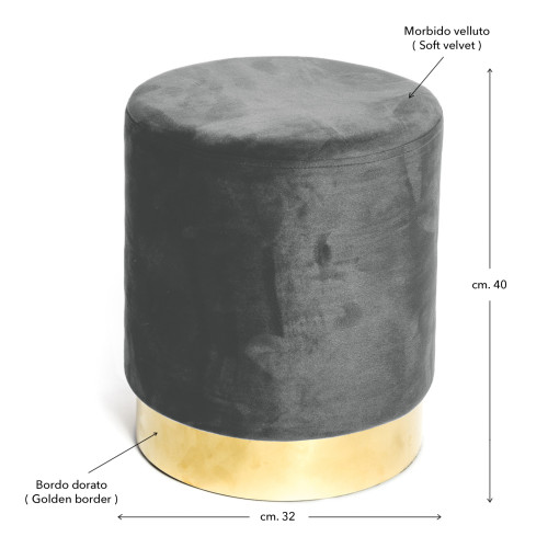 Pouf Poggiapiedi Velvet in Velluto Grigio Scuro con Base Dorata | Ø32xH40 cm, Elegante e Resistente