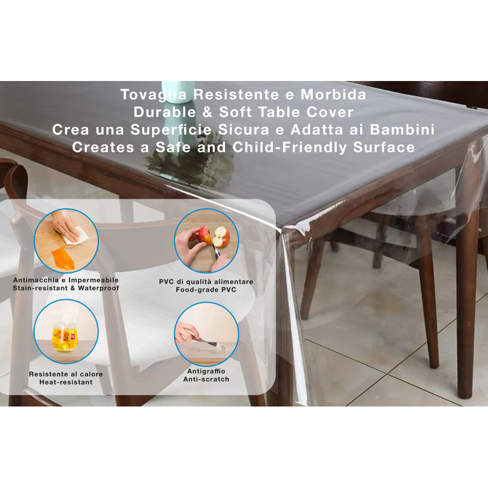 Mantel de PVC transparente antimanchas fabricado en Italia - resistente y fácil de limpiar