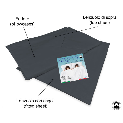 Completo Lenzuola 100% Cotone Grigio Piombo, Made in Italy, Lavabile