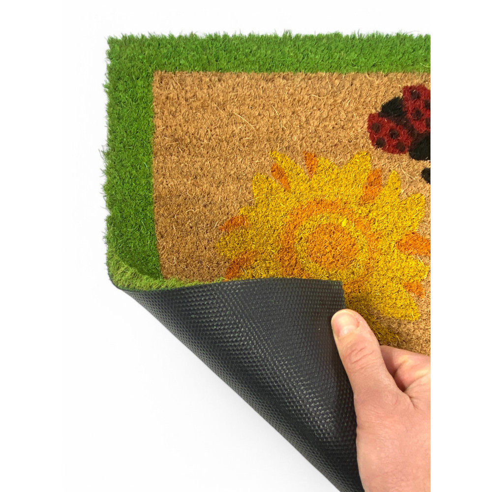 Teppich für den Außenbereich aus Kokosnuss – Fußmatte mit Marienkäfern und Sonnenblumen – rutschfest 40x70 cm