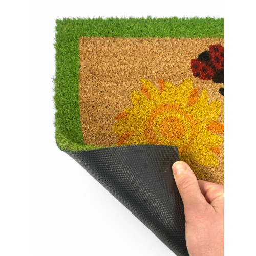 Tappeto Ingresso Esterno in Cocco – Zerbino con Coccinelle e Girasoli – Antiscivolo 40x70 cm