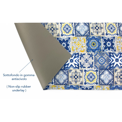 Tapis de cuisine antidérapant - motif majolique bleu et jaune - Fabriqué en Italie