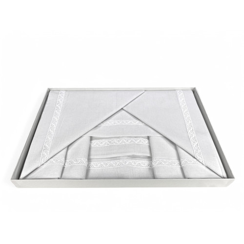 LAKEN-SET mit Makramee-Rahmeneinlage Weißes Doppelbett Made in Italy BRIDAL IDEA