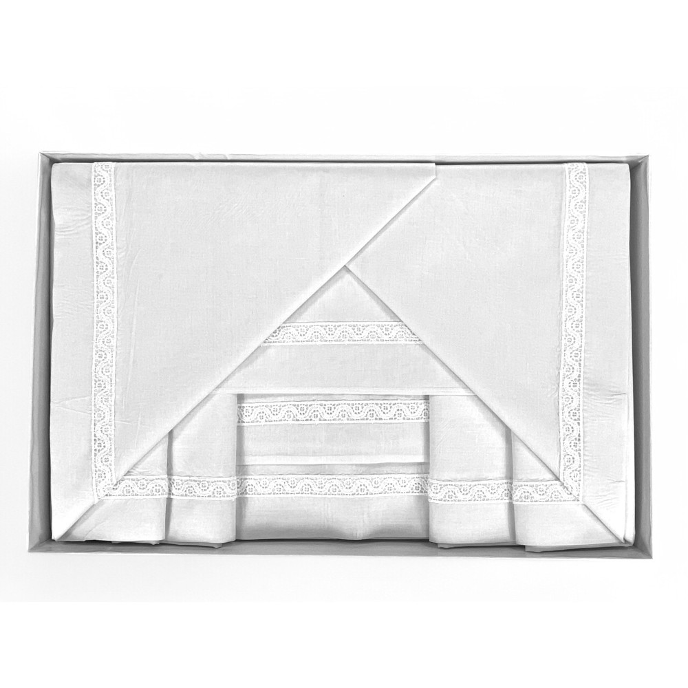LAKEN-SET mit Makramee-Rahmeneinlage Weißes Doppelbett Made in Italy BRIDAL IDEA