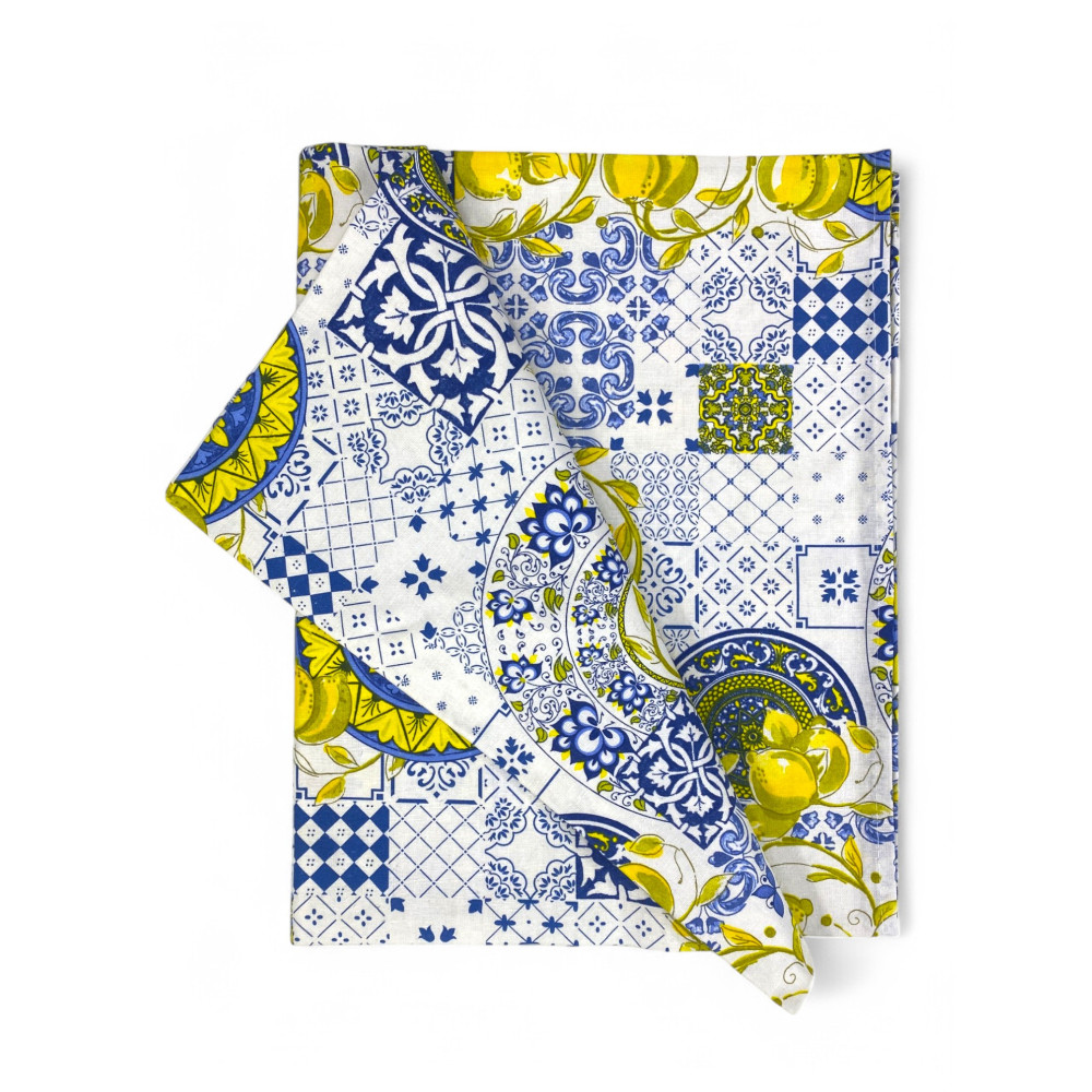 Mantel redondo 180 cm - Mayólica azul y motivo limón amarillo, ideal para ambientes refinados.