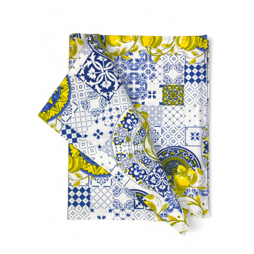 Tovaglia rotonda 180 cm - Motivo maiolica blu e limoni gialli, ideale per ambienti raffinati.