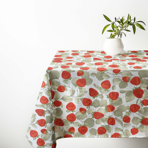 Washable tablecloth in pure cotton – Red strawberry motif on a white background