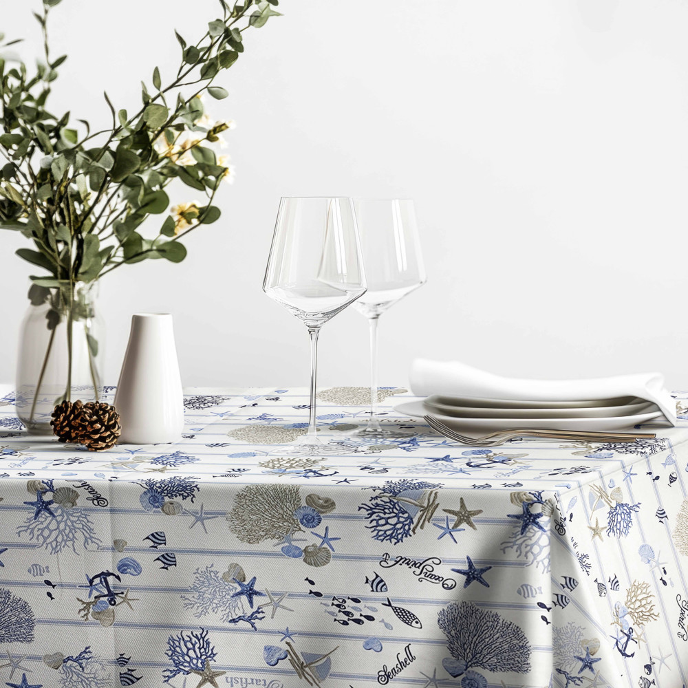 Washable tablecloth in pure cotton – Nautical motif with blue stripes and marine details