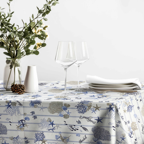 Nappe lavable en pur coton – Motif nautique avec rayures bleues et détails marins