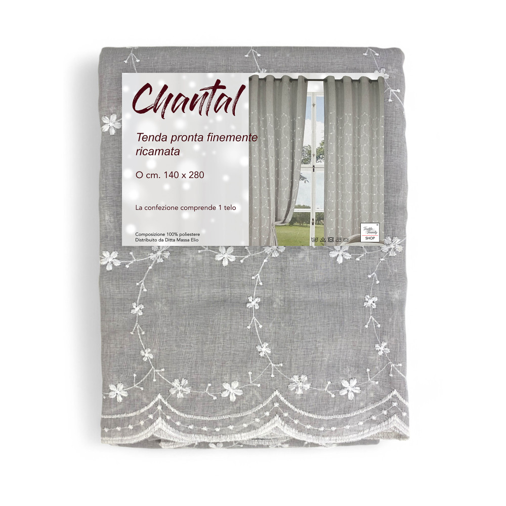 Cortina gris Chantal 140x280 cm con flores blancas bordadas y ojales de acero.