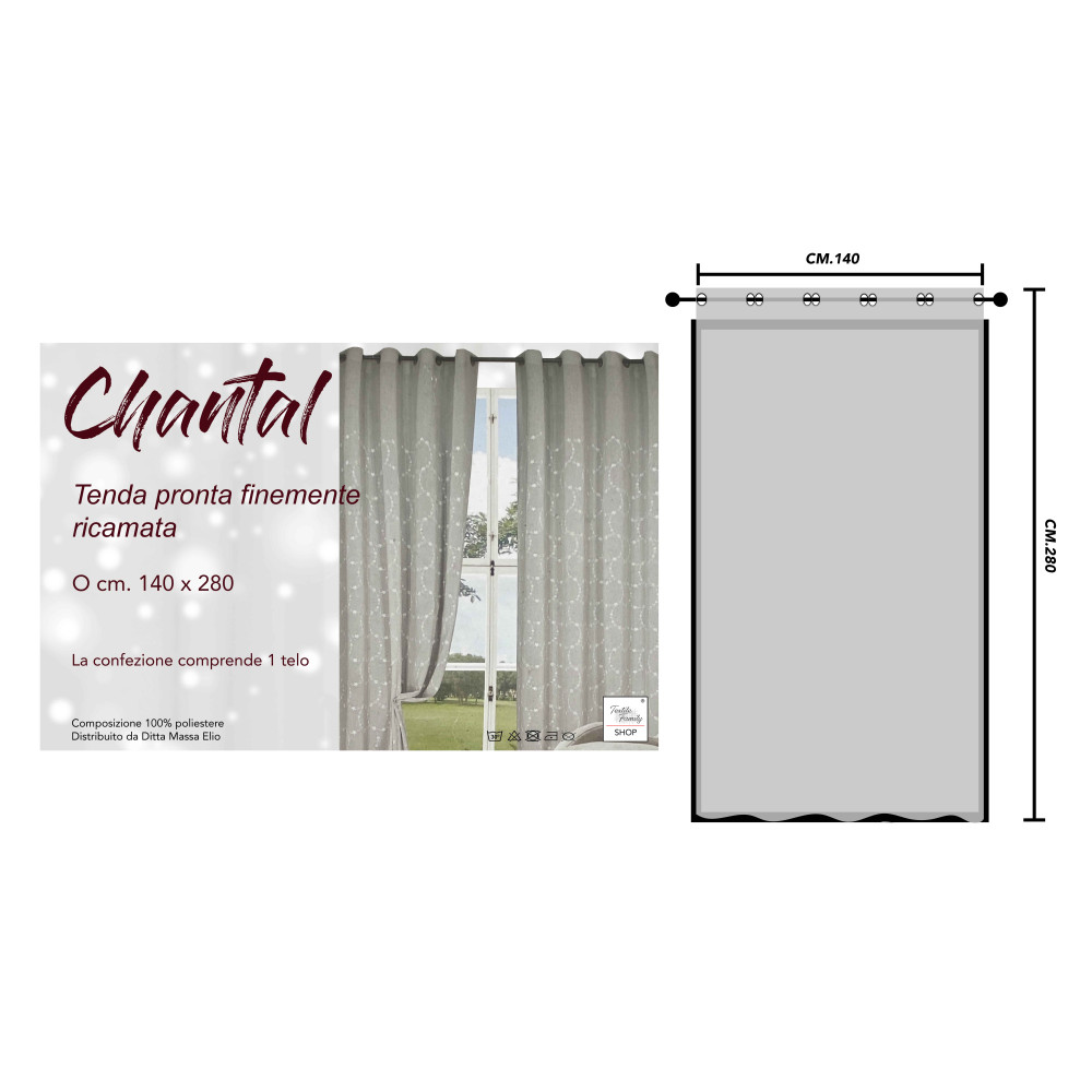 Dettaglio fiori ricamati su tenda Chantal in poliestere grigio.