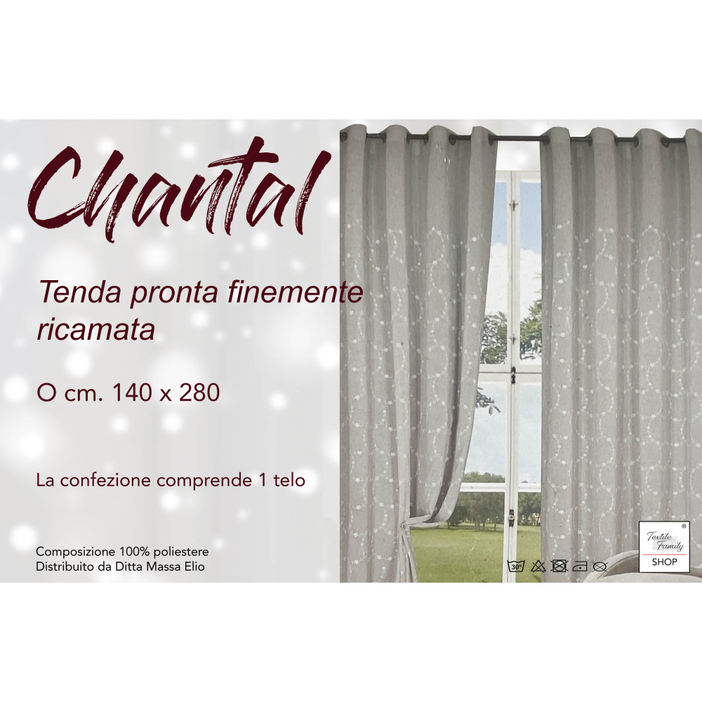Trasparenza del tessuto su mano della tenda Chantal con ricamo bianco.