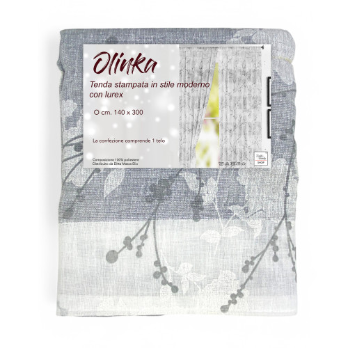 Tenda Olinka 140x300 cm grigia con stampa moderna e lurex, pronta da appendere.