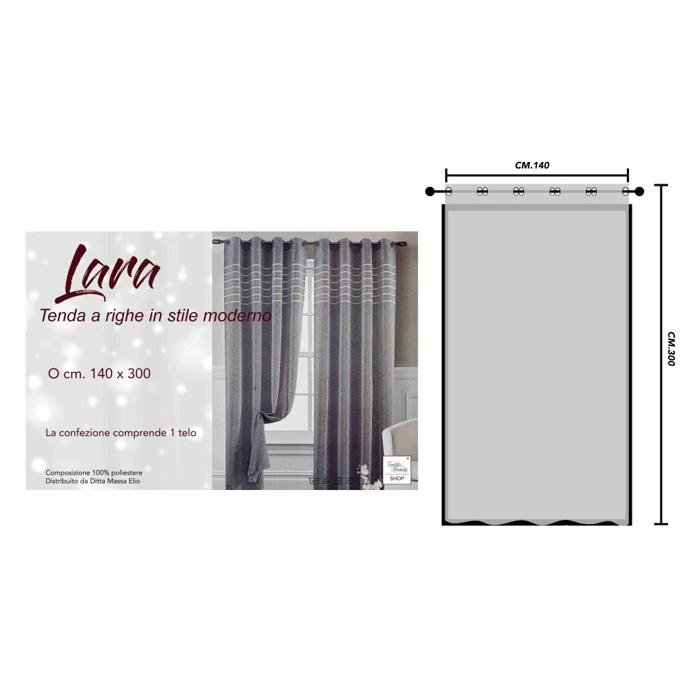 Cortina de Rayas Lara Gris - 140x300 cm - Poliéster Semitransparente - Con Anillas