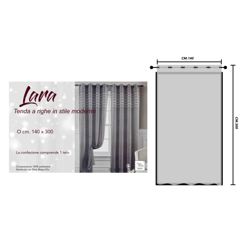 Lara Grey Striped Curtain - 140x300 cm - Semi-transparent Polyester - With Rings