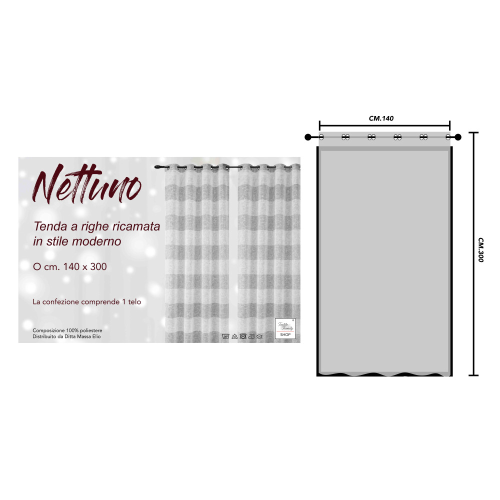 Tenda Nettuno Ricamata a Righe 140x300 cm - Poliestere Semitrasparente con Anelli​