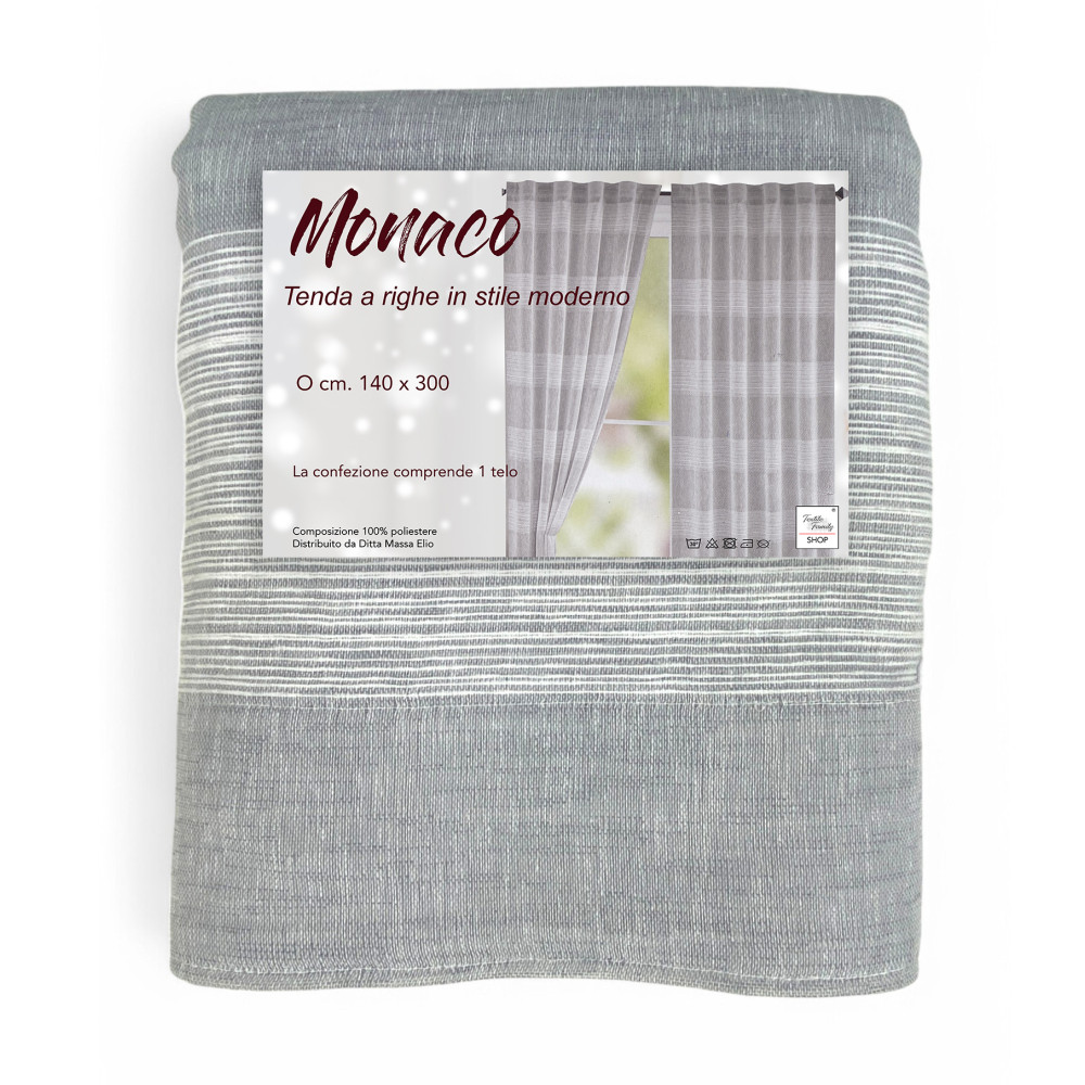 Tienda Gris Mónaco 140x300 cm con rayas modernas y cinta adhesiva para palo o riel