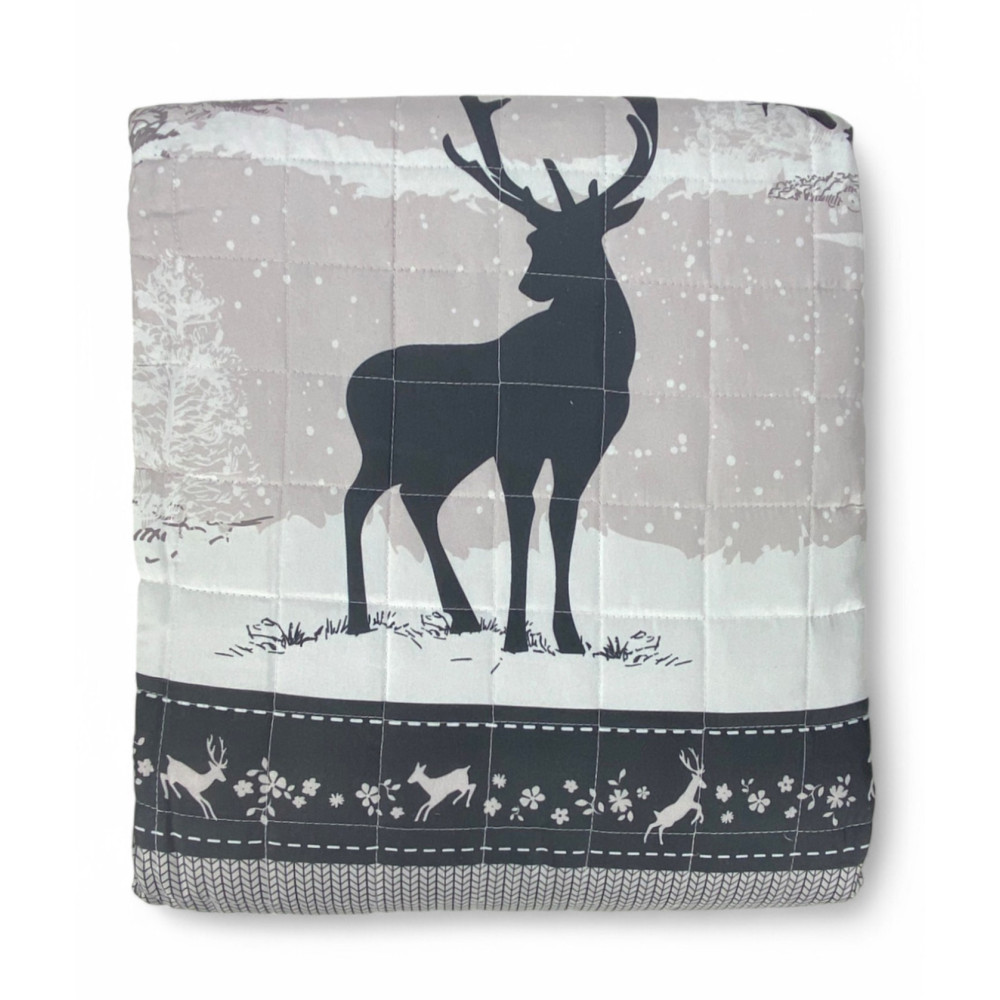 Grey winter bedspread with forest and deer motif in silhouette