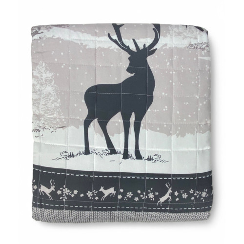 Graue Wintertagesdecke mit Wald- und Hirschmotiv in der Silhouette