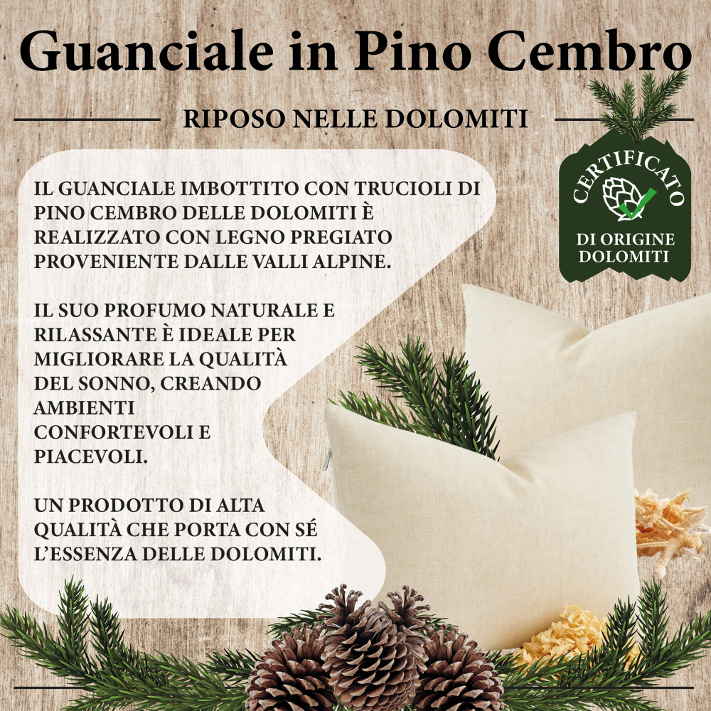 Particolare della federa in cotone grezzo 100% con pratica zip lavabile del guanciale Cirmolo