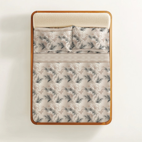 Ensemble de draps feuille beige sable - Linge de lit 100 % coton - Fabriqué en Italie