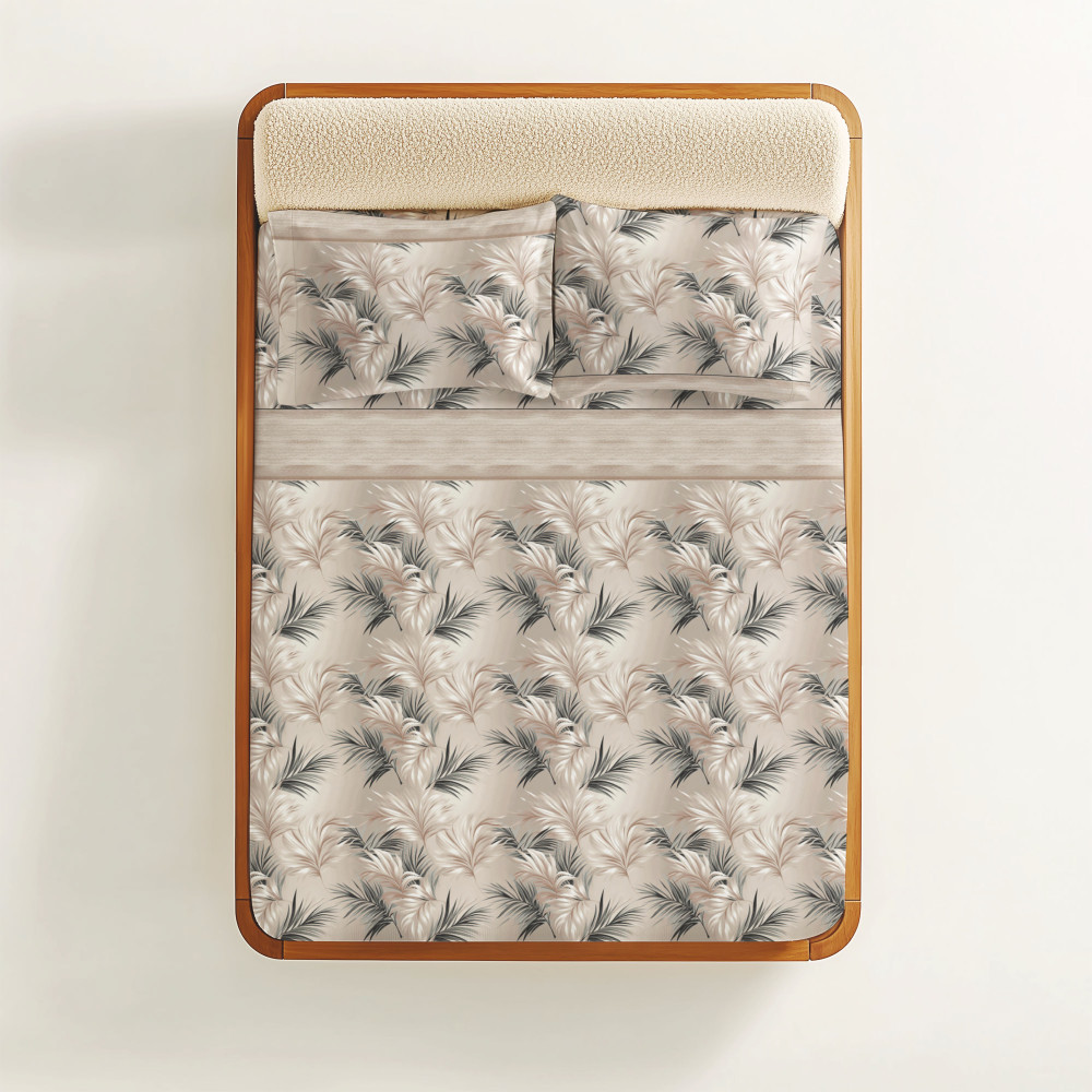 Completo Lenzuola Foglie Beige Sabbia - Biancheria letto in 100% cotone - Made in Italy