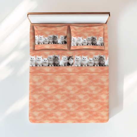 Kitten print sheet set on salmon background - Natural cotton - Made in Italy
