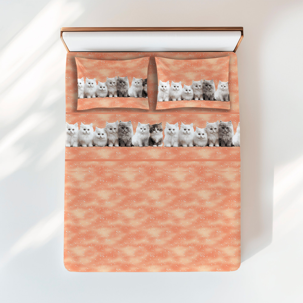 Completo lenzuola con stampa gattini su fondo salmone - Cotone naturale - Made in Italy