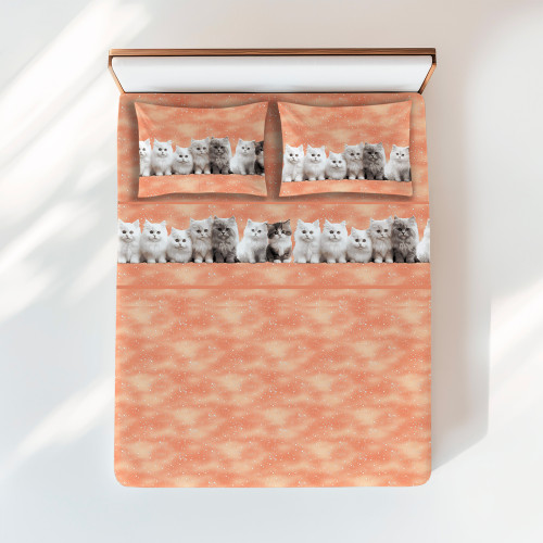 Ensemble de draps imprimés chaton sur fond saumon - Coton naturel - Fabriqué en Italie