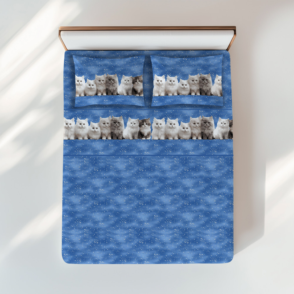 Blaues Kätzchen-Bettwäsche-Set - Zarter und realistischer Druck auf Baumwolle - Made in Italy