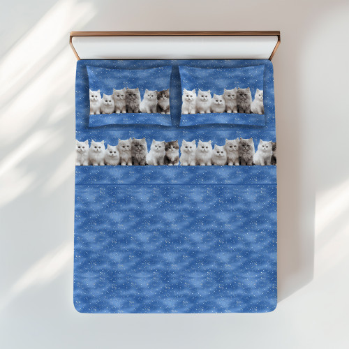 Blue kittens sheets set - Tender and realistic print on cotton - Made in Italy