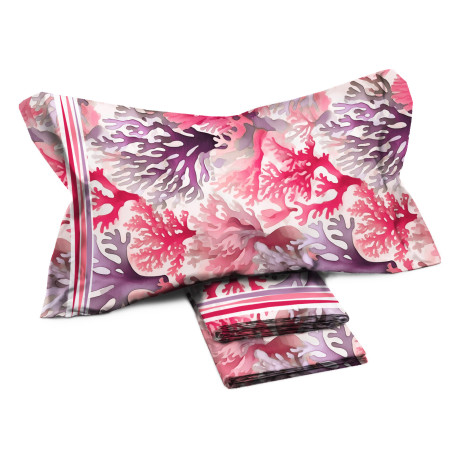 Ensemble de draps doubles MAXI - motif corail multicolore - 100 % coton