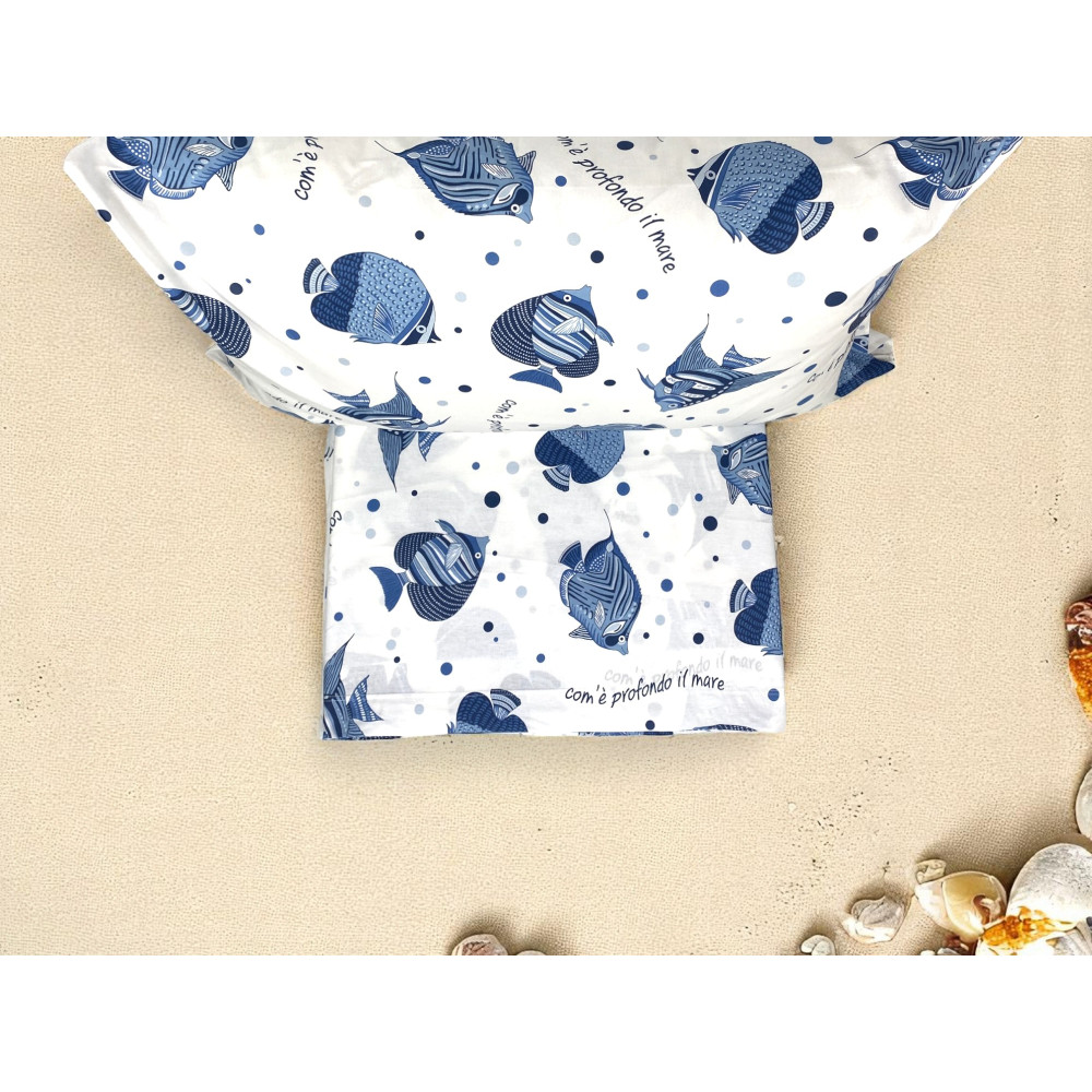 Parure de lit marine taie d’oreiller poisson et pois bleus en 100 % coton