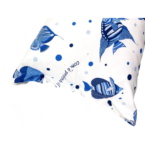 Button pillowcase closure detail and elegant ocean pattern