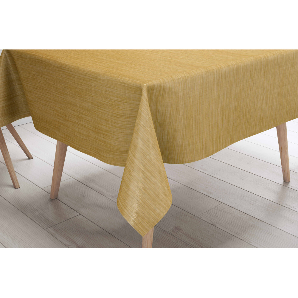 Tovaglia LIMA Gialla – Ambientata in cucina moderna – PVC effetto lino