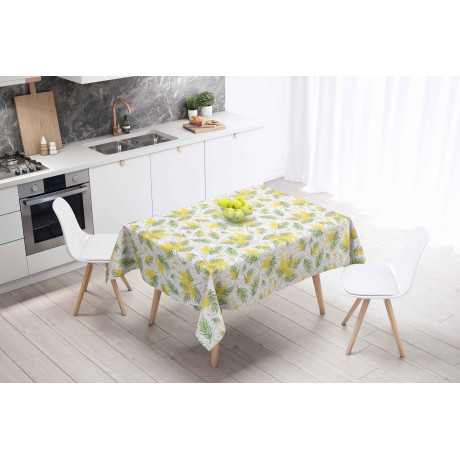 Tovaglia LIMA Mimosa – Vista ambientata in cucina moderna – PVC effetto lino 2