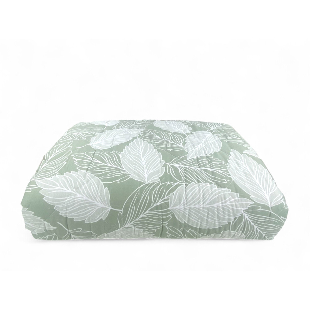 Copriletto Foglie Verdi - Fantasia botanica con foglie bianche su sfondo verde salvia