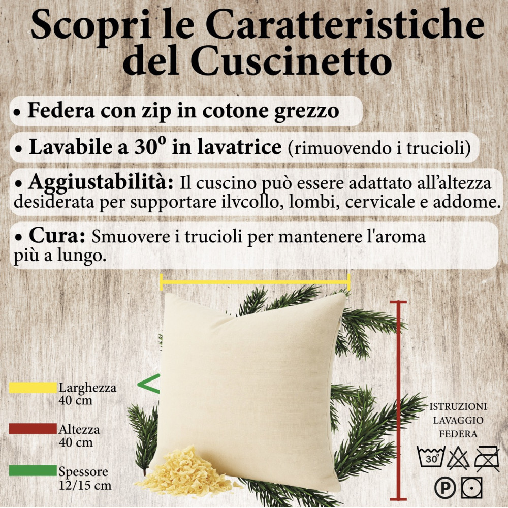 Cuscino Pino Cembro Dolomiti 30x20 e 40x40 - Profumo Naturale Made in Italy
