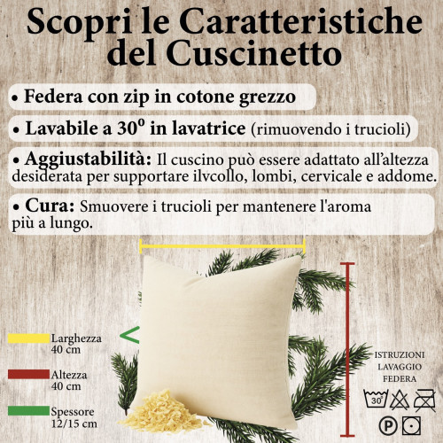 Cojín Pino Suizo Pino Dolomiti 30x20 y 40x40 - Perfume natural Made in Italy