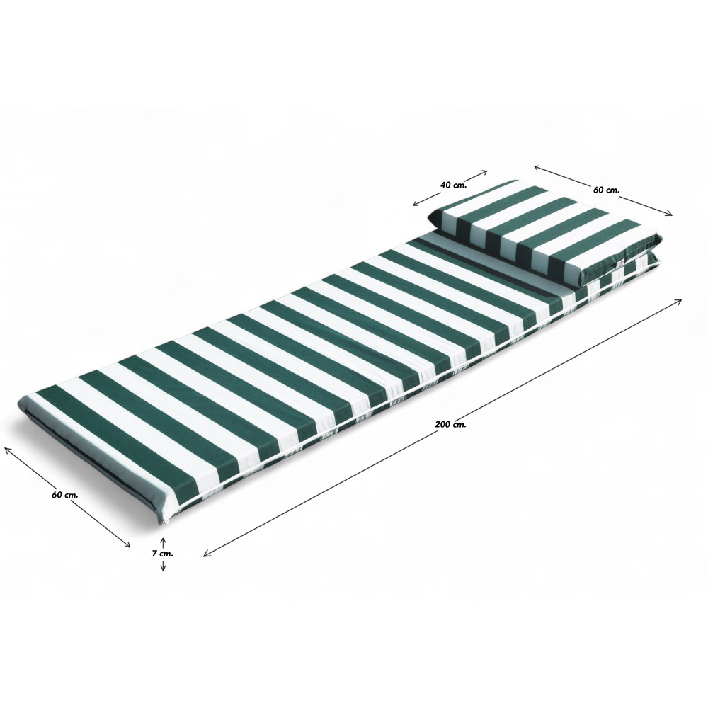 Surmatelas de transat de piscine bleu et vert avec coussin en mousse à mémoire de forme - Housse amovible de 7 cm - Fabriqué en