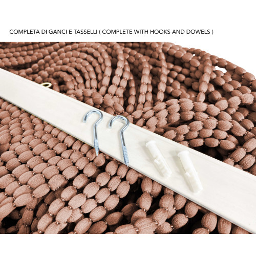 PVC bar with hooks and dowels on brown beaded Mariel curtain