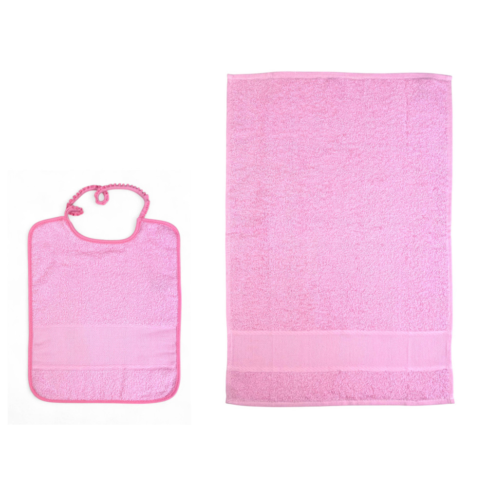 Rosafarbenes 2-teiliges Kindergarten-Set mit Lätzchen und Baumwollfrottee-Handtuch