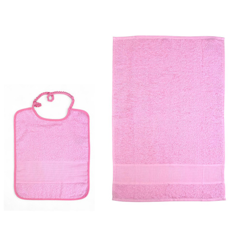 Set asilo 2 pezzi rosa con bavaglino e asciugamano in spugna di cotone