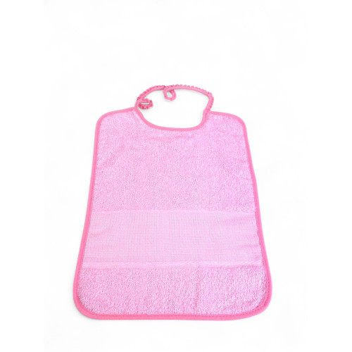 Detail of the pink bib with bias border and embroiderable AIDA canvas