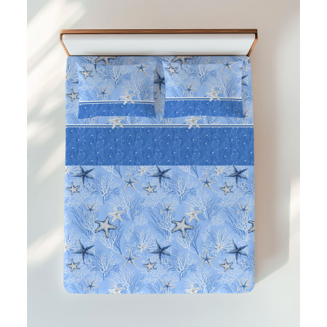 Conjunto de lino azul con estrellas de mar y corales – vista a la cama doble