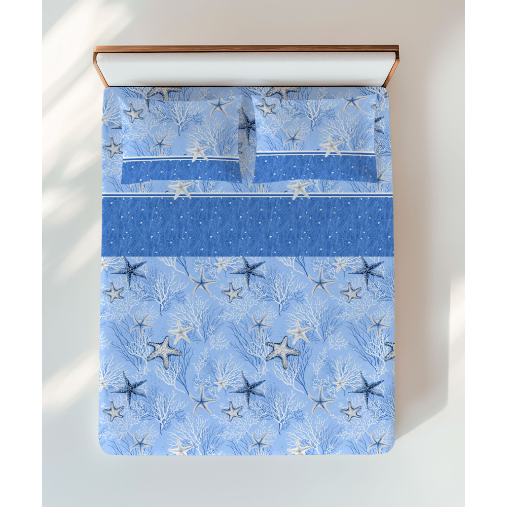 Blue linen set with starfish and corals – double bed view