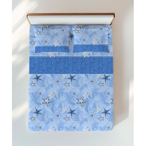 Parure de lit bleu avec étoile de mer et coraux – vue lit double