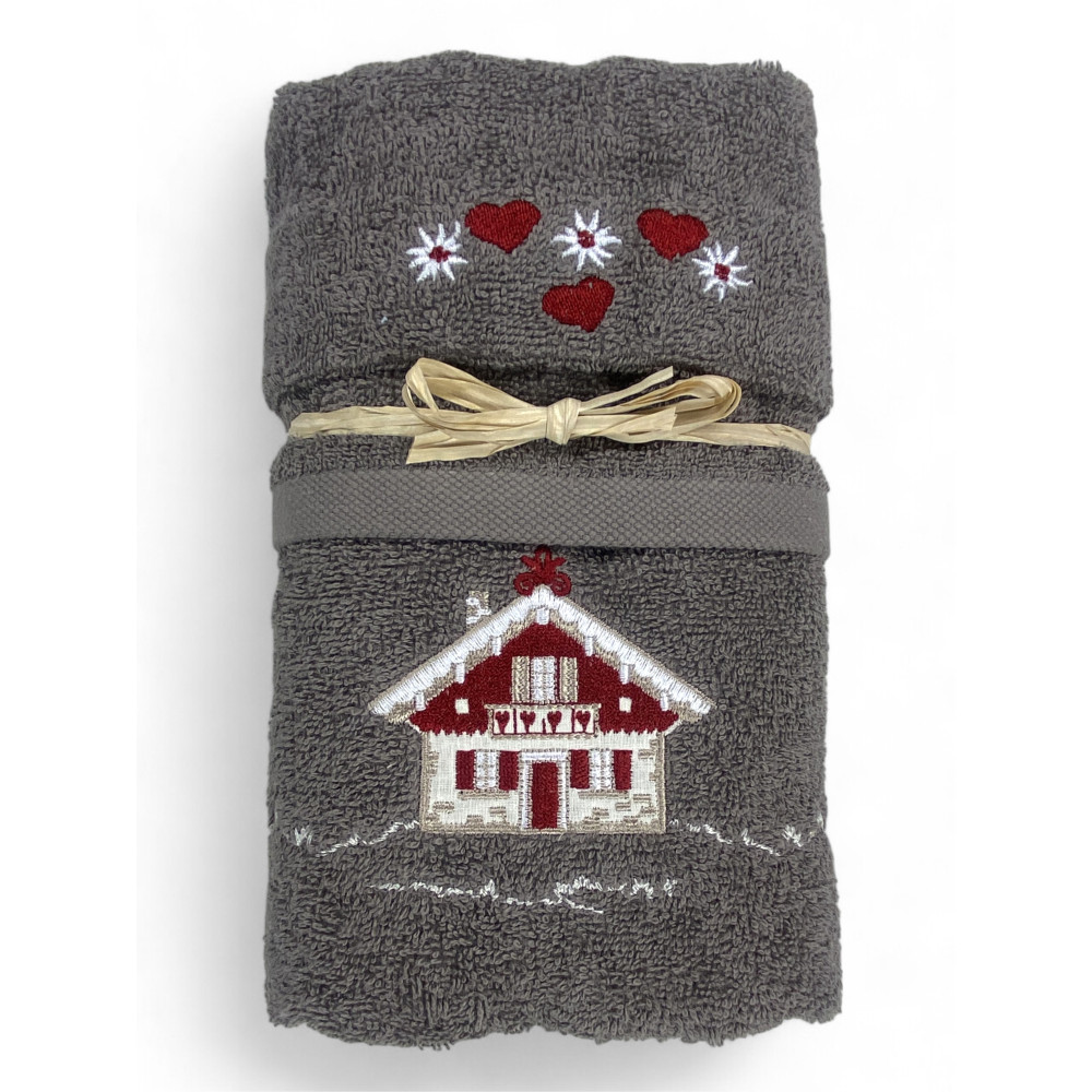 Grey Tyrolean Tyrolean towel set with embroidery alpine house made of 100% cotton terry cloth